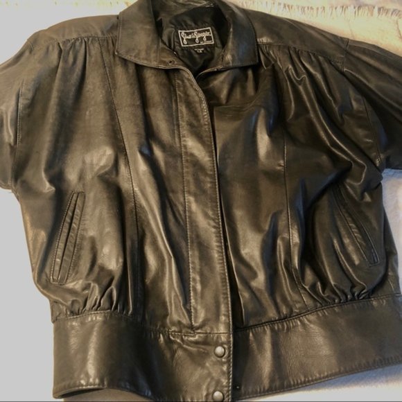 VINTAGE 80s Leather Jacket Black Bomber Oversized Batwing Sleeve Comint Large - Picture 9 of 16